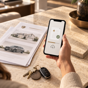 Person securely uploading home and auto insurance policy documents from a smartphone